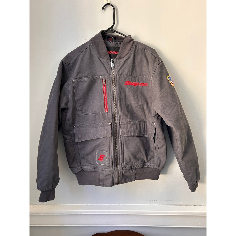 Snap-on Tools Mens Gray Canvas Quilted Lined Work Jacket Bomber Small USA Patch